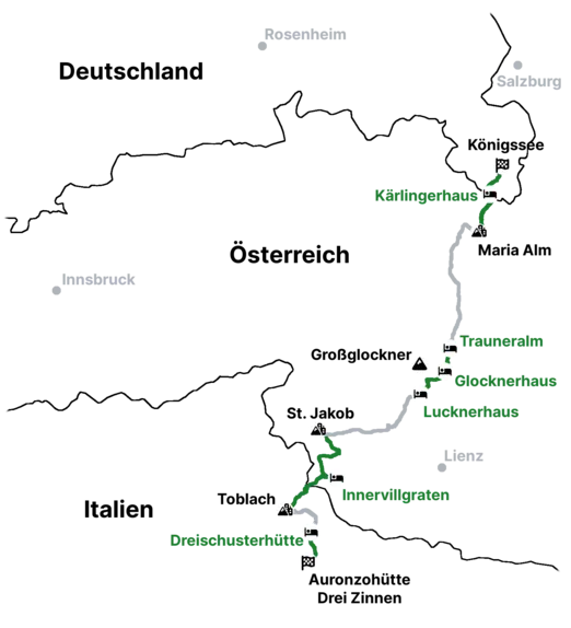 Streckenverlauf der Alpenüberquerung Watzmann Drei Zinnen als Karte